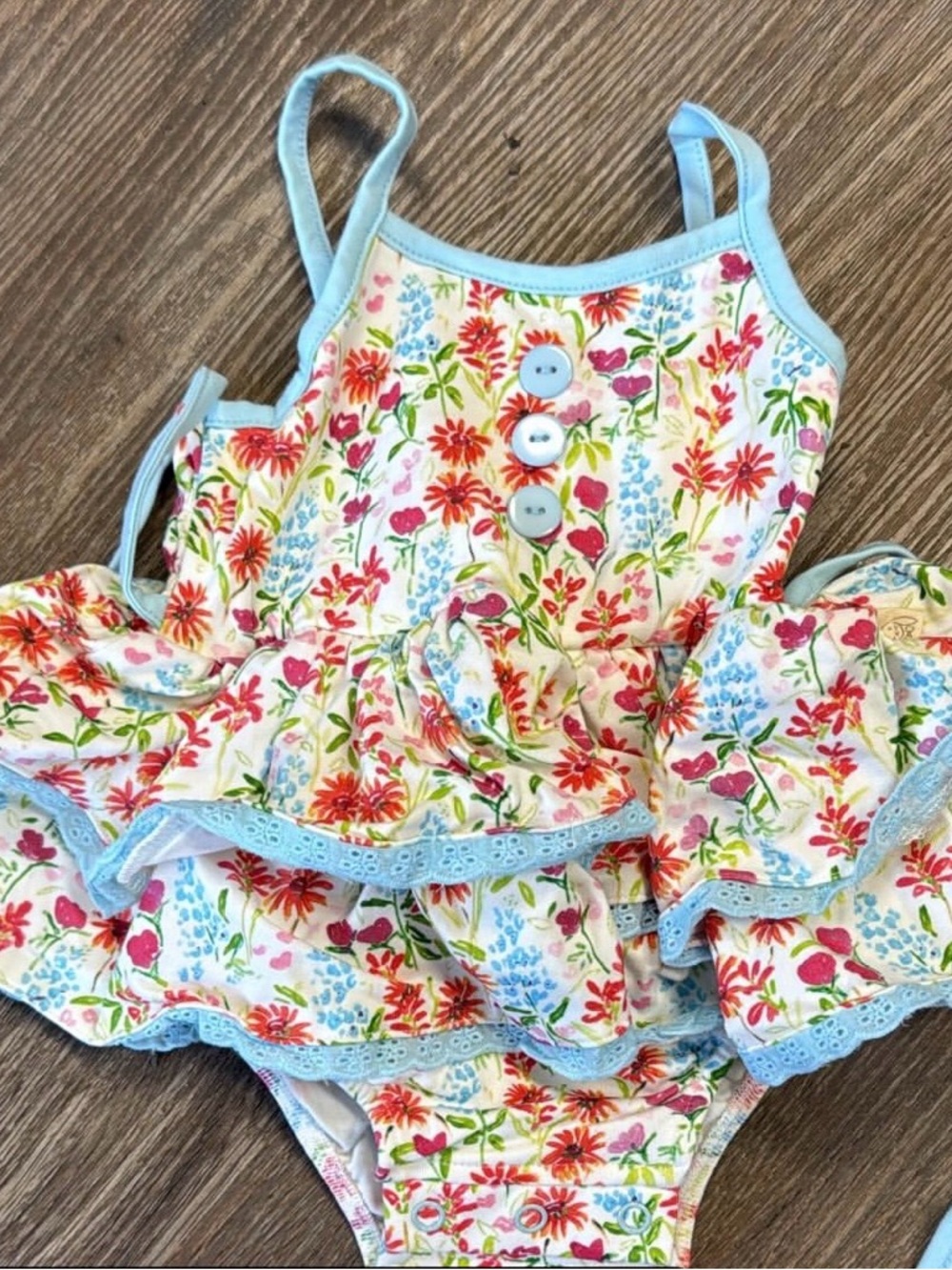 Girls' Floral Ruffle One-Piece with Light Blue Trim